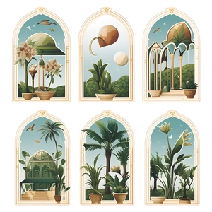 Art Nouveau wall stickers set featuring tropical plants and vintage arched window designs