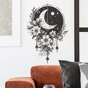 Detail of bohemian crescent moon and floral wall sticker in a cozy living room setup
