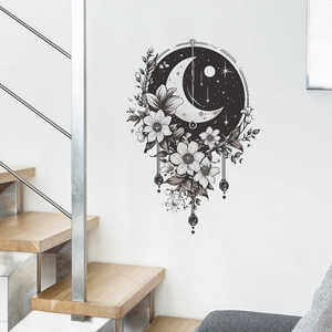 Creative circular floral moon wall sticker with starry night details for home decor