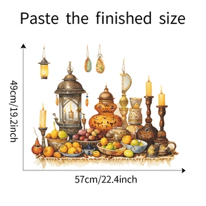 Detailed dimension guide for Middle Eastern style wall stickers with lamps and fruit icons