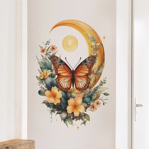 Autocollant mural bohème avec papillon orange, croissant de lune et fleurs déco