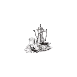 Sticker mural avec croquis de cafetière arabe et tasse pour décor d'intérieur