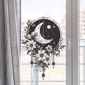 Artistic moon and floral glass window decal with celestial stars for home wall decoration