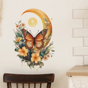 Sticker mural autocollant avec papillon orange lune et fleurs pour décoration maison
