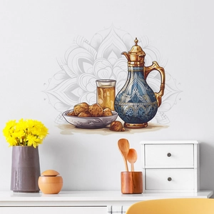 Detailed Middle Eastern style wall sticker with blue teapot and gold mandala pattern