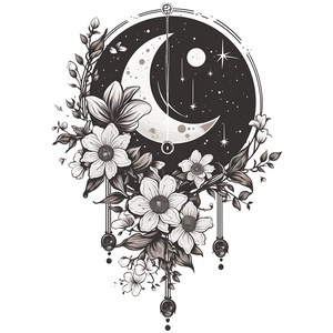 Creative moon floral wreath wall sticker with stars and dangling beads home decoration