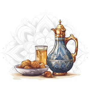 Middle Eastern style teapot wall sticker with blue gold Islamic pattern and dates