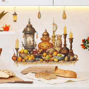 Middle Eastern Ramadan Eid Wall Stickers Retro Lamp Candle Fruit Pattern PVC Self-Adhesive Wall Decals For Kitchen Home Decor