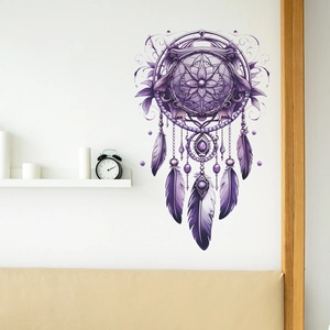 Sticker mural attrape-rêves violet avec plumes pour décoration de chambre moderne