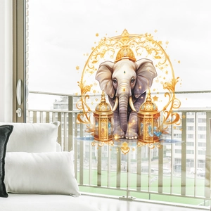 Detail of Eid Mubarak elephant wall sticker with golden lanterns on glass door surface