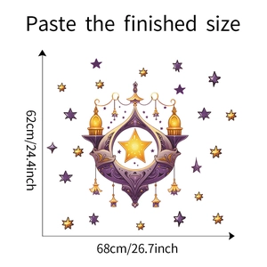 Detail view of purple and gold moon star wall stickers with 62x68cm size dimensions