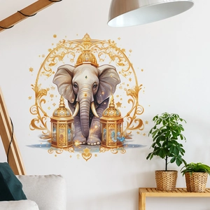 Exotic grey elephant wall decal with golden lanterns for living room decoration