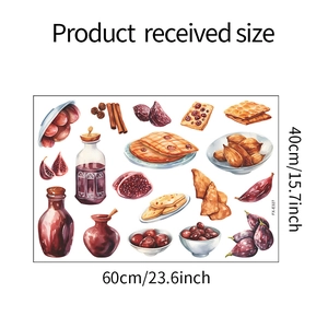 Detailed size layout of watercolor food wall stickers featuring figs and kitchen motifs