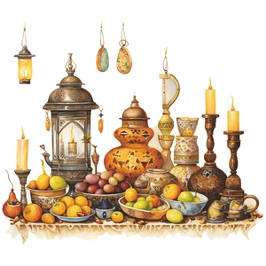 Middle Eastern Ramadan candle lanterns and fruit bowls set on white elegant shelf