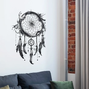 Detail of artistic feather dreamcatcher wall sticker decoration for bedroom or living room