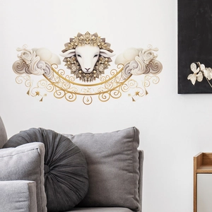 Kreativer Widderkopf Wandaufkleber mit goldenen Blumenmustern für Wohnzimmer