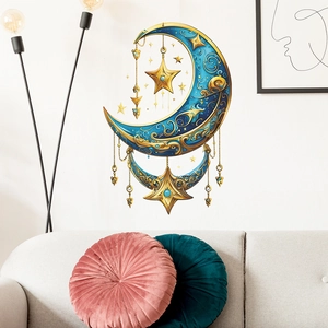 Detail of blue crescent moon wall sticker with gold baroque patterns in a modern living room