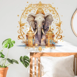 Exotic grey elephant wall sticker with golden lanterns and frames for home decor