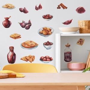 Watercolor food wall stickers featuring figs and snacks for DIY kitchen wall decoration