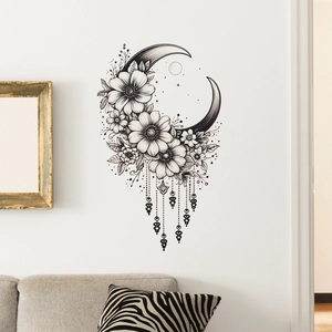 Creative black and white sketch flower and moon wall decal for modern living room decor