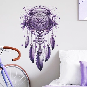 Sticker mural attrape-rêves violet avec plumes pour décoration de chambre