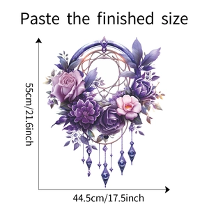 Detailed view of purple flower dreamcatcher wall sticker with dimensions and measurements