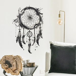 Artistic feather dreamcatcher wall sticker for modern living room decor on a white wall