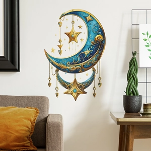 Blue and gold crescent moon and stars wall sticker for home interior decoration