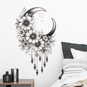 Modern black floral moon wall decal with sunflowers for bedroom background decoration