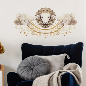 Wandaufkleber Widderkopf mit Blumenmotiven und Goldband im modernen Wohnzimmer