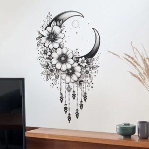 Detail of creative black and white moon and floral wall sticker for living room decor