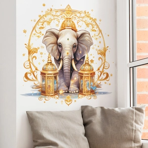 Creative elephant wall sticker with golden lanterns and decorative rings for home decor