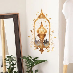 Golden retro Middle Eastern style hanging lamp wall sticker with city silhouette decor