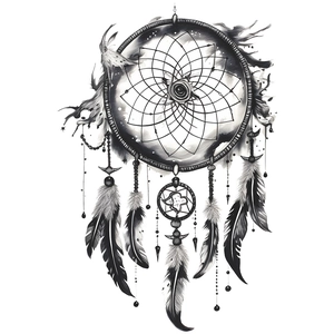 Artistic dreamcatcher wall sticker with feathers and owl in black and white sketch style