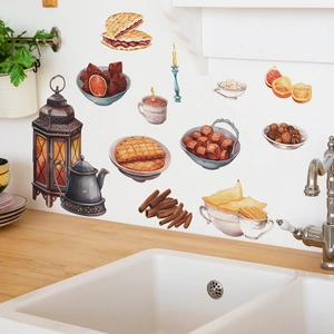 Rainbow teapot and waffle kitchen wall stickers on white wall above wooden countertop