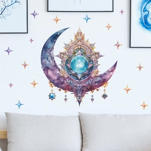 Creative fantasy purple moon and stars wall decals for dreamy bedroom interior decor