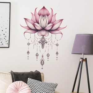 Adesivo murale con loto rosa in fiore e pendenti decorativi in cristallo per la decorazione