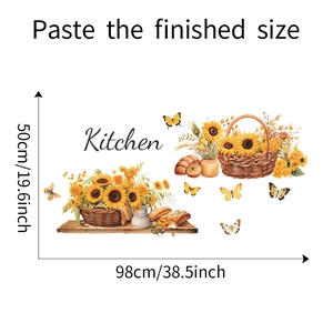 Detail showing rustic sunflower kitchen wall stickers with floral basket and lettering