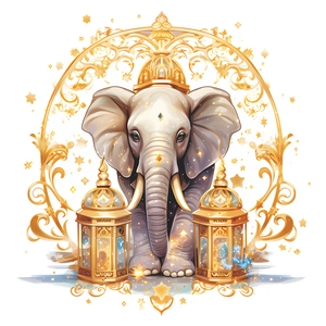 Artistic elephant wall sticker with golden lanterns and ornate vine frame decoration