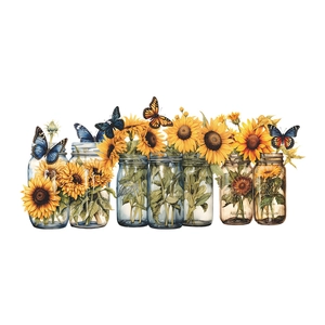 Artistic wall stickers featuring sunflowers in vintage mason jars with colorful butterflies