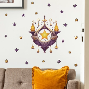 Detail of purple Islamic style lantern wall stickers with stars in a living room decor