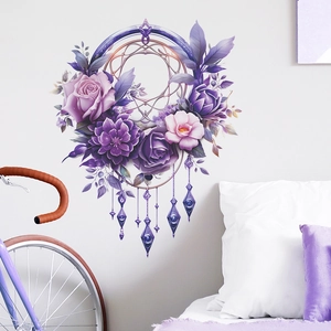 Dreamcatcher wall sticker with purple flowers and roses for bedroom home decor