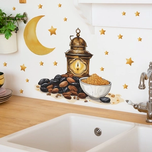 Golden moon, stars and lantern wall stickers for Ramadan kitchen background decor
