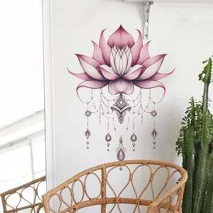 Adesivo murale loto rosa con pendenti mandala per decorazione camera e soggiorno