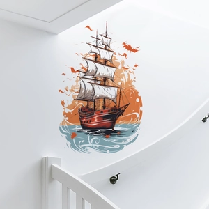Detail of vintage sailing boat wall decal with orange and navy sails on a white stair wall