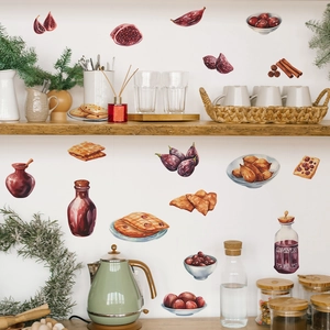 DIY kitchen wall stickers with watercolor food patterns of figs and nuts on white wall