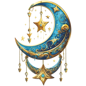 Bohemian blue moon and stars hanging wall decor with golden embossed patterns