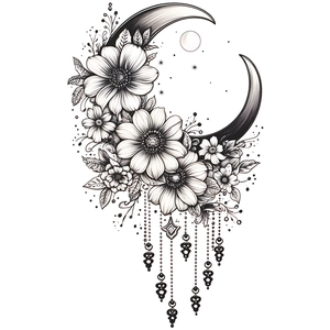 Sketch-style black and white wall sticker with moon floral pattern and tassel charm