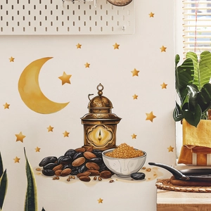 Star Moon Food Wall Sticker with Golden Crescent and Lantern for Ramadan Kitchen Decor