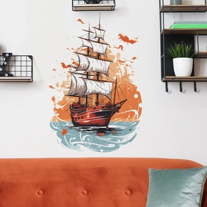 Nautical sailboat wall sticker with sun and waves decor for kids bedroom and living room